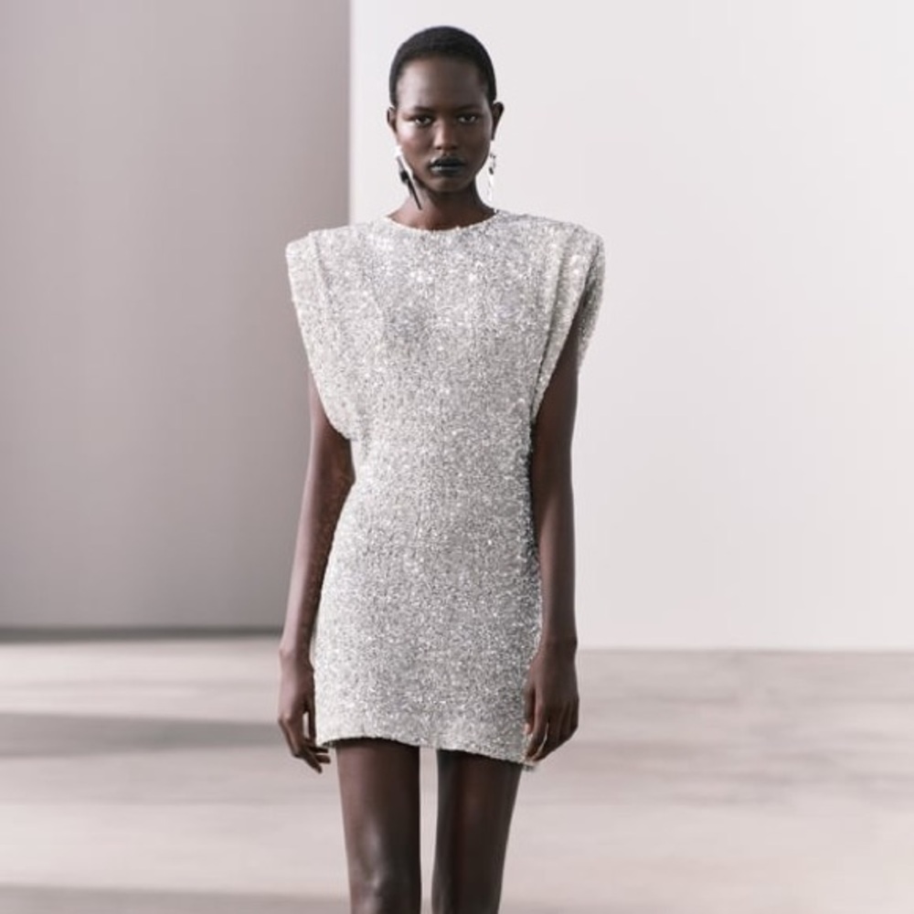 NWT Zara Shoulder Pads Sequin Dress - SILVER 0/2874/108/808/01